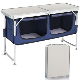 Outdoor Folding Table with Faux White MDF Top Aluminum Frame Rectangular Design Blue Fabric Storage Cabinet Adjustable to 3 Heights Portable Camp Outdoor Folding Table with Faux White MDF Top Aluminum Frame Rectangular Design Blue Fabric Storage Cabinet Adjustable to 3 Heights Portable Camp